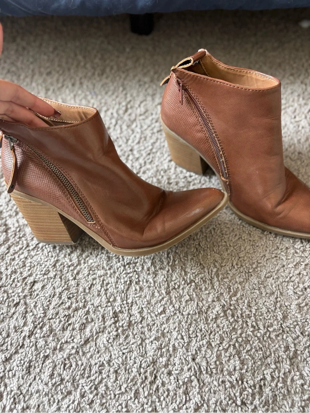 Women's Tan Leather Ankle Booties with Block Heel